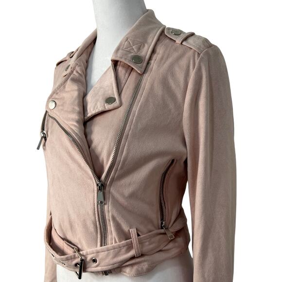 Ashley Outerwear Cropped Moto Jacket Pink Asymmetrical Zip Belt S Faux Suede Y2K - Picture 10 of 13